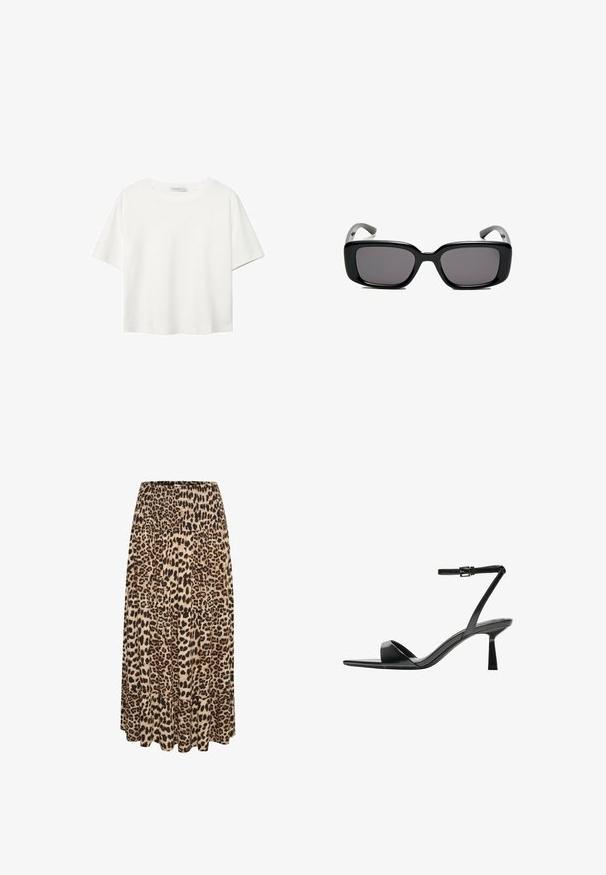 White short-sleeve t-shirt made of cotton. Features a crew neckline and a relaxed fit. Smooth texture with no visible patterns or accents.; Leopard print maxi skirt with a smocked waistband and tiered ruffle hem, featuring shades of beige, brown, and black in a soft fabric.; Bershka High heeled sandals - black; Black rectangular sunglasses with dark lenses, smooth plastic frame, and curved temples. The design is chunky with a minimalist aesthetic.