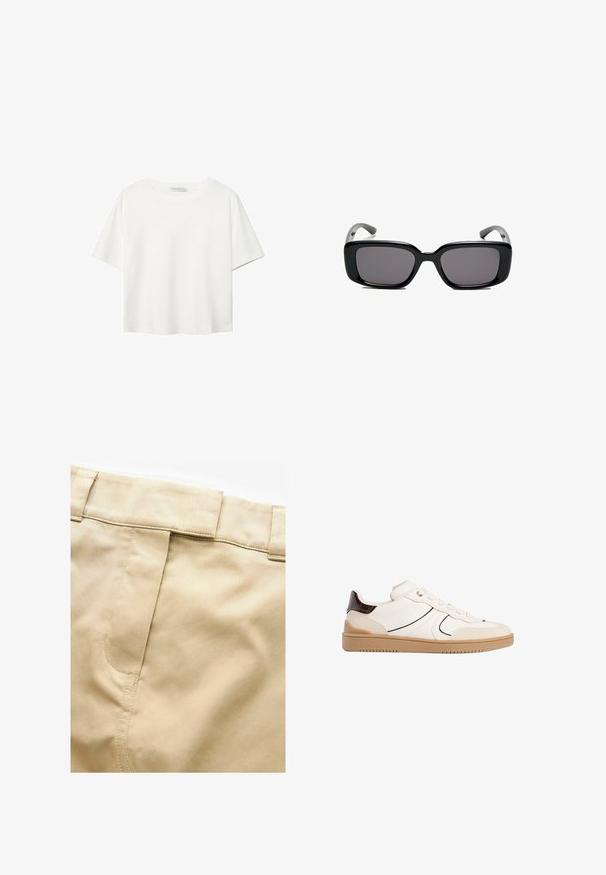 Hvid kortærmet t-shirt lavet af bomuld. Har en rund halsudskæring og en afslappet pasform. Glat tekstur uden synlige mønstre eller detaljer.; Next UTILITY REGULAR FIT - Maxinederdele - stone; Stradivarius Sneakers - white; Sorte rektangulære solbriller med mørke linser, glat plastikramme og buede stænger. Designet er klodset med en minimalistisk æstetik.