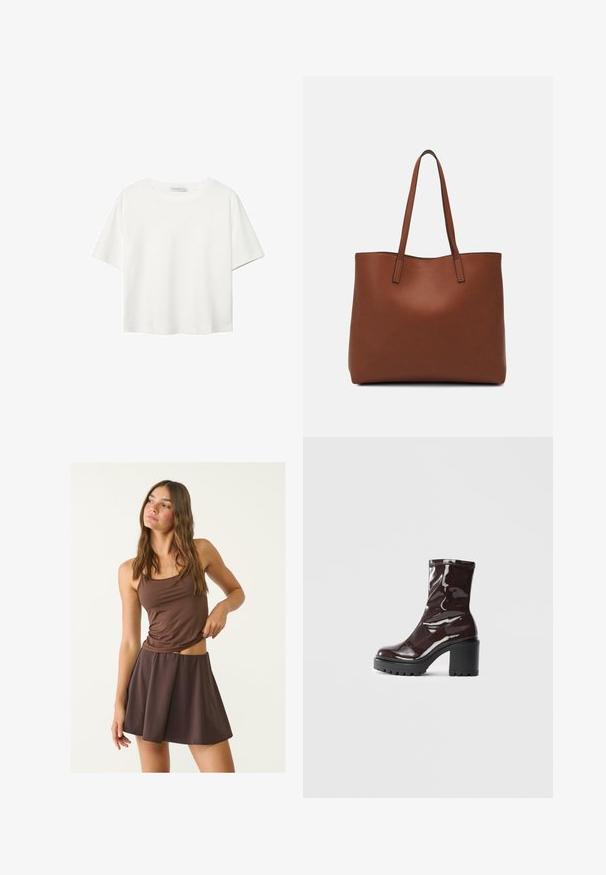 Biela krátkopsová tričko vyrobené z bavlny. Má okrúhly výstrih a voľný strih. Hladká textúra bez viditeľných vzorov alebo akcentov.; Hnedý tank top a zodpovedajúca rozšírená sukňa, vyrobené z jemnej, ľahkej tkaniny. Top má tenké ramienka a priliehavý strih.; Lesklé burgundské kotníkové boty s robustním černým podpatkem, s hladkou strukturou a jednoduchým designem. Bez viditelných zapínání nebo vzorů.; Hnedá kožená taška na rameno s hladkou textúrou, otvoreným vrchom a dvoma ramenými popruhmi. Má minimálne šitia a žiadne viditeľné kovania.