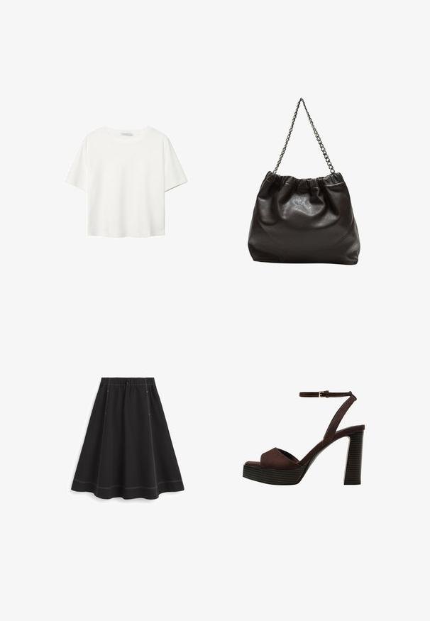 T-shirt blanc à manches courtes en coton. Doté d'un col ras du cou et d'une coupe décontractée. Texture lisse sans motifs ni accents visibles.; Jupe noire avec une taille élastique, dotée de coutures contrastantes blanches, d'une coupe évasée en ligne A, et d'une longueur au genou.; Sandale à talons hauts en suede marron avec un bout ouvert, une bride de cheville réglable et une semelle de plateforme rayée.; Sac en cuir marron avec un haut froncé et une bandoulière en chaîne. Texture lisse avec une finition brillante et des coutures subtiles sur les côtés.