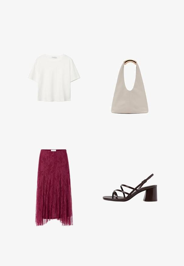 Bijela majica kratkih rukava od pamuka. Ima okrugli izrez i opušteni kroj. Glatka tekstura bez vidljivih uzoraka ili naglasaka.; Bordo čipkasta suknja s cvjetnim uzorkom, prozirni sloj tkanine i nabran dizajn. Ima sniženi struk i lepršavi kroj.; Smeđe sandale na visokoj potpetici s debelom potpeticom, s glatkim, sjajnim završetkom i višestrukim ukrštanjem trakica na gornjem dijelu.; Svijetlosivi kožni torba s oblikom u slovo U i zakrivljenim metalnim drškom. Glatka tekstura s minimalnim šavovima i bez vidljivih uzoraka.