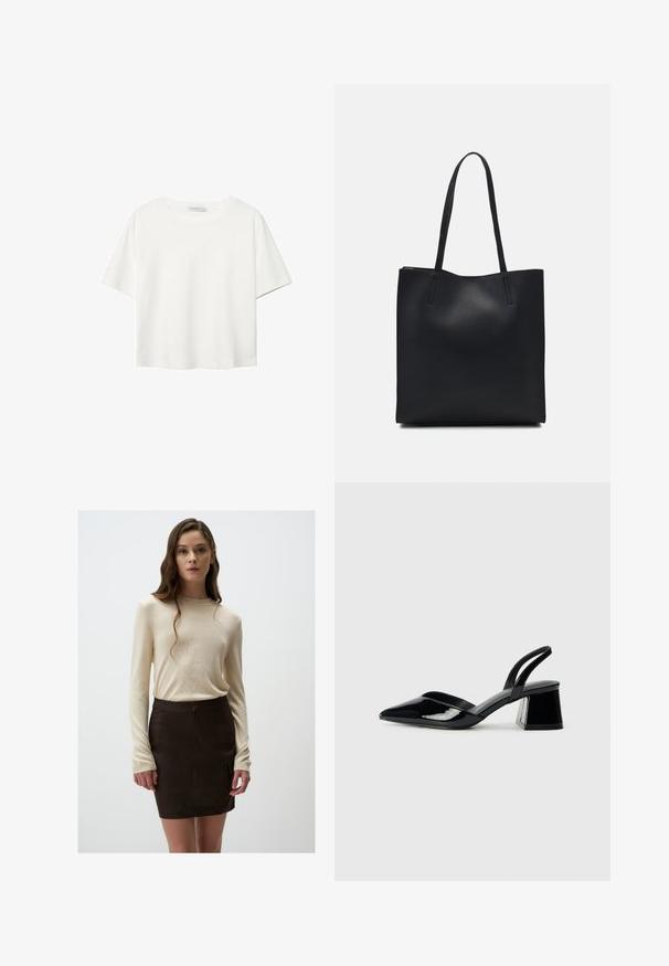 Witte korte mouwen t-shirt van katoen. Heeft een ronde halslijn en een ontspannen pasvorm. Glad textuur zonder zichtbare patronen of accenten.; Beige langwerpige trui met lange mouwen, gecombineerd met een aansluitende bruine minirok. De trui heeft een geribbelde textuur en de rok heeft zakken aan de voorkant.; Zwarte gepatineerde leren slingback hakken met een spitse neus en een geometrische blokhak. Kenmerkt zich door een slank, minimalistisch ontwerp en een gladde textuur.; Zwarte leren handtas met een gladde textuur, rechthoekige vorm en twee lange handvaten. Geen zichtbare hardware of versieringen.