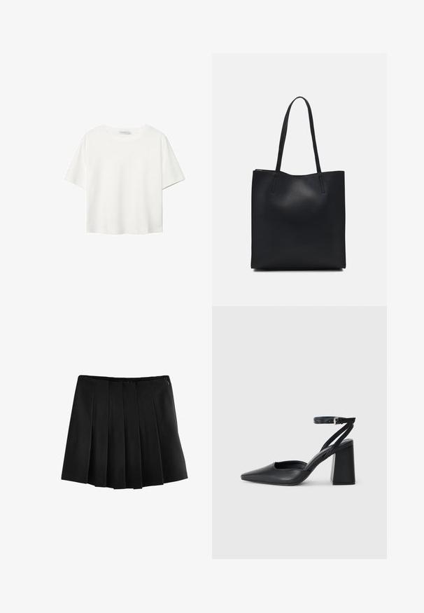 Witte korte mouwen t-shirt van katoen. Heeft een ronde halslijn en een ontspannen pasvorm. Glad textuur zonder zichtbare patronen of accenten.; Next PONTE - A-lijn rok - black; Zwarte leren puntige pump met een enkelbandje en een chunky hak. Vlakke textuur, strakke vormgeving en minimalistische esthetiek.; Zwarte leren handtas met een gladde textuur, rechthoekige vorm en twee lange handvaten. Geen zichtbare hardware of versieringen.