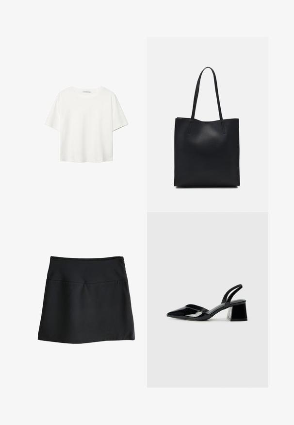 Bijela majica kratkih rukava od pamuka. Ima okrugli izrez i opušteni kroj. Glatka tekstura bez vidljivih uzoraka ili naglasaka.; Crna suknja s glatkom teksturom, dizajnom do koljena i jednostavnim, elastičnim pojasom. Ima diskretni patentni zatvarač na stražnjoj strani.; Crne lakirane kožne sandale s otvorenom petom i špicastim vrhom, s geometrijskom blok petom. Imaju elegantan, minimalistički dizajn i glatku teksturu.; Crna kožna torba za nošenje s glatkom teksturom, pravokutnim oblikom i dvije duge ručke. Nema vidljivih metalnih dijelova ili ukrasa.