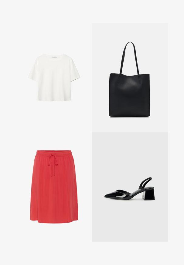 Hvid kortærmet t-shirt lavet af bomuld. Har en rund halsudskæring og en afslappet pasform. Glat tekstur uden synlige mønstre eller detaljer.; Knælængde, koralfarvet nederdel med en blød, flydende tekstur. Har en elastisk talje med snor til justerbar pasform.; Sorte patentlæder slingback hæle med spids tå og en geometrisk blok hæl. Har et elegant, minimalistisk design og en glat tekstur.; Sort læder tote taske med glat tekstur, rektangulær form og to lange hanke. Ingen synlig hardware eller udsmykninger.