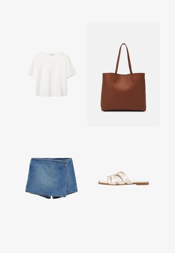 Bijela majica kratkih rukava od pamuka. Ima okrugli izrez i opušteni kroj. Glatka tekstura bez vidljivih uzoraka ili naglasaka.; Traperšortse u srednje plavoj boji s jedinstvenim preklapajućim dizajnom. Imaju zatvaranje na munju i mali logo detalj na pojasu.; Ravne sandale s smeškom od gume, dizajnirane s tri preklapajuće bele kožne trake i malim detaljem mašne u sredini.; Smeđa kožna torba preko ramena s glatkom teksturom, otvorenim vrhom i dvjema naramenicama. Ima minimalne šavove i nema vidljivog hardvera.