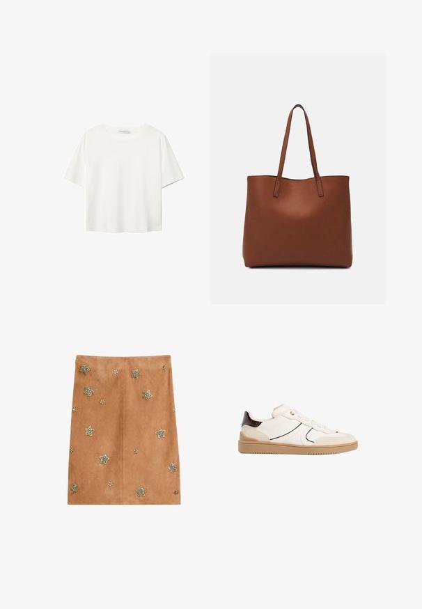 T-shirt blanc à manches courtes en coton. Doté d'un col ras du cou et d'une coupe décontractée. Texture lisse sans motifs ni accents visibles.; Jupe en daim tan avec des embellissements en forme d'étoiles en argent et en or, accompagnés d'accents floraux. Design simple, longueur genoux.; Stradivarius Baskets basses - white; Sac fourre-tout en cuir marron avec une texture lisse, design à ouverture supérieure et deux poignées pour le porter à l'épaule. Présente des coutures minimales et aucun matériel visible.