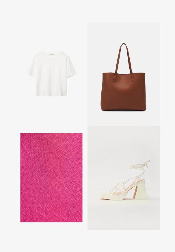 Biela krátkopsová tričko vyrobené z bavlny. Má okrúhly výstrih a voľný strih. Hladká textúra bez viditeľných vzorov alebo akcentov.; Svetloružová látka s textúrovaným povrchom, ktorá obsahuje diagonálny vzor a jemné línie vytvárajúce vzhľad tkaniny.; Biele sandále na vysokom opätku s hrubým podpätkom, s pruhovaným dizajnom a viazaním na členku. Hladký povrch s platformou vpredu pre zvýšenú výšku.; Hnedá kožená taška na rameno s hladkou textúrou, otvoreným vrchom a dvoma ramenými popruhmi. Má minimálne šitia a žiadne viditeľné kovania.