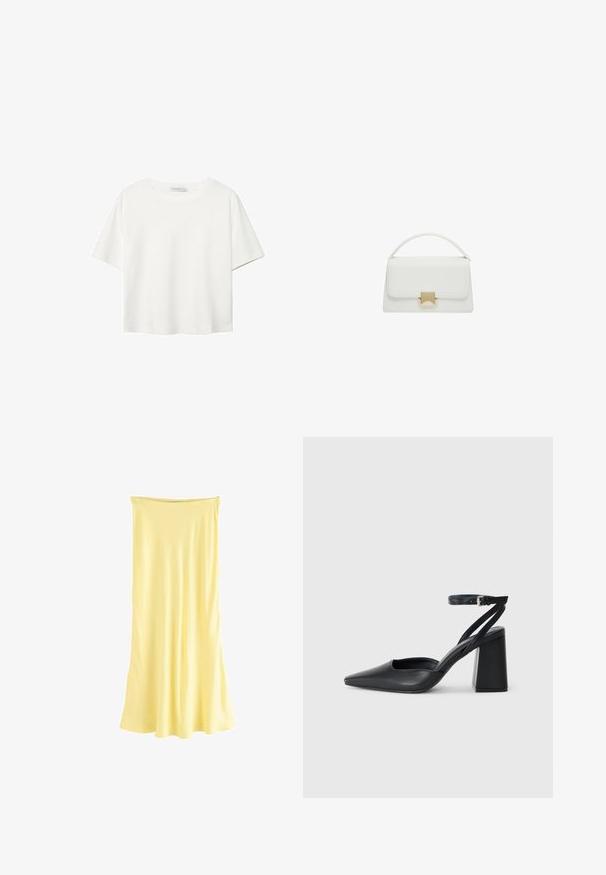 Hvid kortærmet t-shirt lavet af bomuld. Har en rund halsudskæring og en afslappet pasform. Glat tekstur uden synlige mønstre eller detaljer.; Gul satin maxi kjole med en flydende silhuet. Den har en sammensnøret halsudskæring og en glat tekstur, designet til afslappet brug.; Sort læder spidse pumps med ankelrem og en chunky hæl. Flad tekstur, slankt design og minimalistisk æstetik.; Hvid læderhåndtaske med en struktureret design, der har et håndtag på toppen og en guldfarvet spænde. Glat tekstur og minimalistische detaljer.