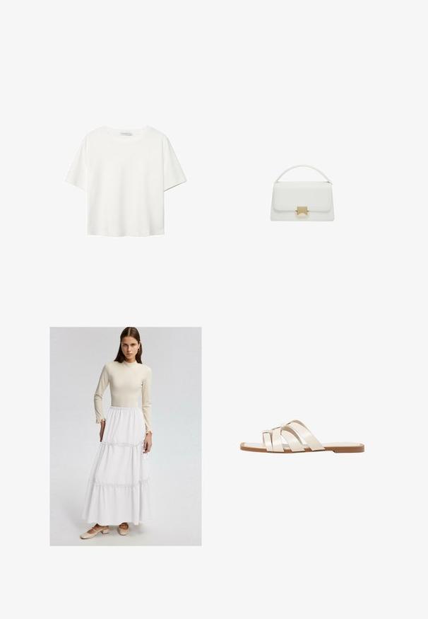 Bijela majica kratkih rukava od pamuka. Ima okrugli izrez i opušteni kroj. Glatka tekstura bez vidljivih uzoraka ili naglasaka.; Bež majica dugih rukava s volanima na manžetama u kombinaciji s bijelom maksi suknjom s naboranim šavovima. Model nosi bež sandale na blok petu.; Ravne sandale s smeškom od gume, dizajnirane s tri preklapajuće bele kožne trake i malim detaljem mašne u sredini.; Bijela kožna torbica sa strukturiranim dizajnom, s gornjom drškom i zlatnim kopčanjem. Glatka tekstura i minimalistički detalji.