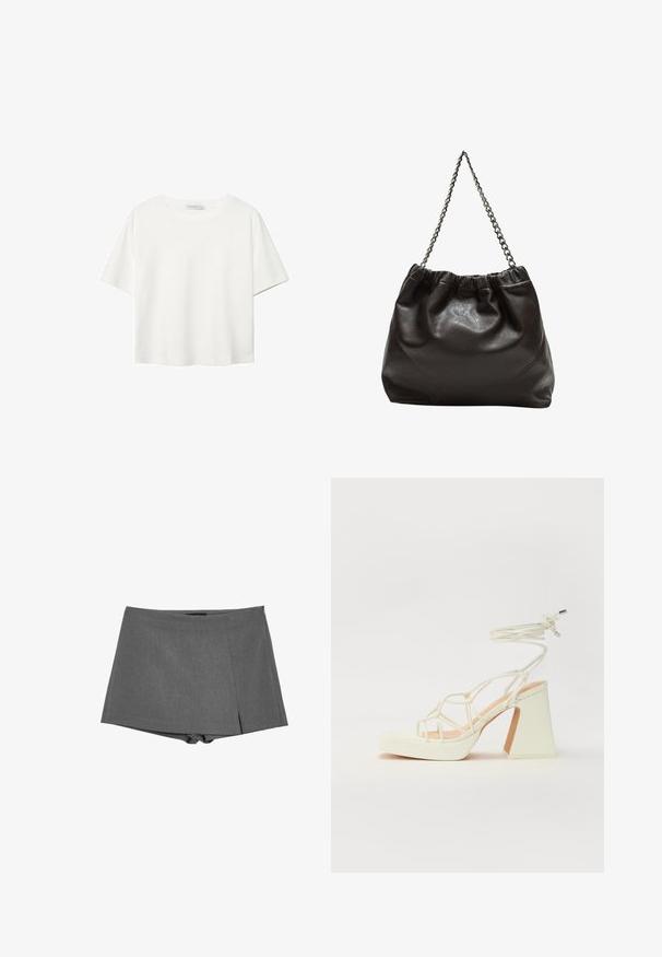 Weißes T-Shirt mit kurzen Ärmeln aus Baumwolle. Hat einen Rundhalsausschnitt und eine lockere Passform. Glatte Textur ohne sichtbare Muster oder Akzente.; Graue strukturierte Shorts mit maßgeschneidertem Design, ausgestattet mit einem seitlichen Reißverschluss und einem subtilen Faltenwurf für zusätzliche Details. Hergestellt aus einem glatten Stoff.; Weiße High-Heel-Sandale mit einem klobigen Absatz, die über ein Riemchendesign und ein Knöchelband verfügt. Glatte Textur mit einer Plattform vorne für zusätzliche Höhe.; Braune Lederhandtasche mit gerafftem Oberteil und Kettenriemen. Glatte Textur mit glänzendem Finish und subtilen Nahtdetails an den Seiten.