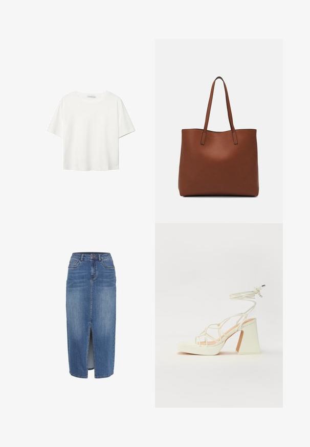 Bela kratka majica s kratkimi rokavi iz bombaža. Ima okroglo izrezovanje in sproščen kroj. Gladka tekstura brez vidnih vzorcev ali poudarkov.; Denim krilo s sprednjim rezi, srednje dolžine, v svetlo do srednje modri barvi. Ima pet žepov in pas z zankami.; Bela sandala na visokih petah s debelim petam, ki ima obliko trakcev in vezanje okoli gležnja. Gladka tekstura z platformo spredaj za dodatno višino.; Rjava usnjena torba z gladko teksturo, odprto zasnovo zgoraj in dvema naramnima trakovoma. Opremljena je z minimalnim šivanjem in brez vidnih kovinskih delov.