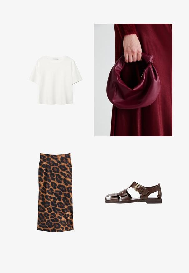T-shirt bianco a maniche corte realizzato in cotone. Presenta un collo tondo e una vestibilità rilassata. Texture liscia senza motivi o dettagli visibili.; Gonna a stampa leopardata con un motivo marrone e nero, texture liscia, design fino alla caviglia e silhouette aderente.; Sandal in pelle marrone con un design a intaglio, cinturino laterale regolabile e suola piatta, con dettagli metallici e punta aperta.; Borsa in pelle bordeaux con un design morbido e arricciato e una forma arrotondata. Il manico è fissato, mostrando una texture liscia.