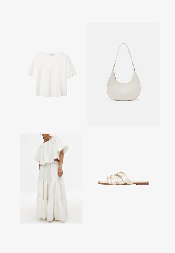 Bela kratka majica s kratkimi rokavi iz bombaža. Ima okroglo izrezovanje in sproščen kroj. Gladka tekstura brez vidnih vzorcev ali poudarkov.; Bela dvodelna obleka, ki vsebuje teksturiran top brez naramnic z velikimi rokavi in večplastno krilo z elastiko v pasu.; Ravne sandale s svetlo rjavim gumijastim podplatom, zasnovane s tremi prekrivajočimi se belimi usnjenimi trakovi in majhnim lokom na sredini.; Krema usnjena torba za ramo v obliki polmesecca, z tankim trakom in subtilnim šivom. Minimalističen dizajn z zlatimi kovinskimi dodatki.