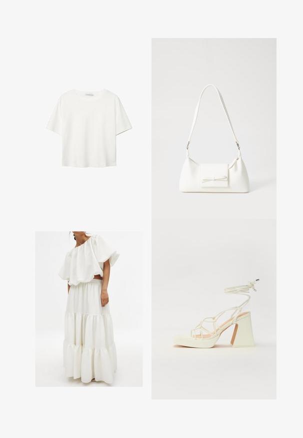 Biała koszulka z krótkim rękawem, wykonana z bawełny. Posiada okrągły dekolt i luźny krój. Gładka faktura bez widocznych wzorów czy akcentów.; Biały dwuczęściowy zestaw składający się z teksturowanej bluzki bez ramiączek z dużymi rękawami oraz spódnicy z falbanami i elastycznym pasem.; Biała sandał na wysokim obcasie z masywnym słupkiem, z paskowym wzorem i wiązaniem przy kostce. Gładka faktura z platformą z przodu dla dodatkowej wysokości.; Biała syntetyczna torba o trójkątnym kształcie, płaskim przednim klapce i detalach w postaci kokardy, regulowanym pasku, gładkiej fakturze oraz minimalistycznym designie.