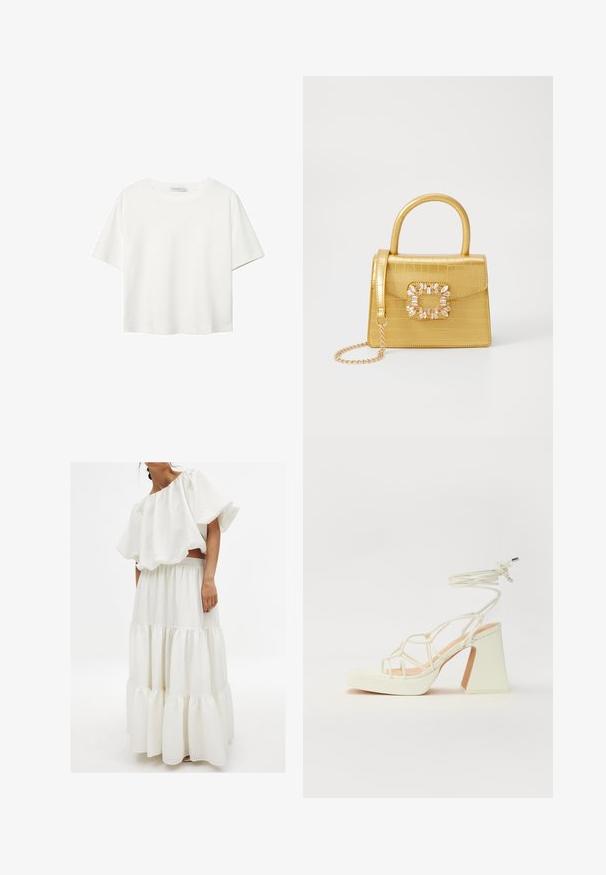 T-shirt blanc à manches courtes en coton. Doté d'un col ras du cou et d'une coupe décontractée. Texture lisse sans motifs ni accents visibles.; Ensemble blanc en deux pièces comprenant un top texturé à épaules dénudées avec de grandes manches et une jupe à volants avec une taille élastique.; Sandale blanche à talons hauts avec un talon épais, présentant un design à lanières et un lien autour de la cheville. Texture lisse avec une plateforme à l'avant pour une hauteur supplémentaire.; Sac à main en faux crocodile jaune avec un design structuré, une poignée supérieure, une bandoulière en chaîne amovible, et un ornement cristallin décoratif sur le fermoir.