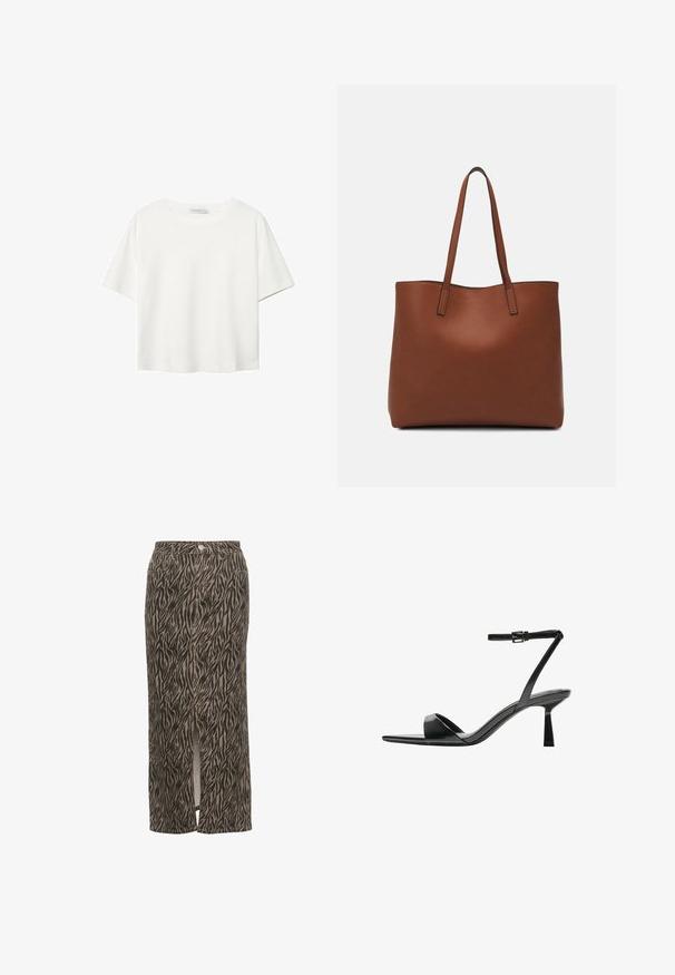 T-shirt blanc à manches courtes en coton. Doté d'un col ras du cou et d'une coupe décontractée. Texture lisse sans motifs ni accents visibles.; Kaffe LEONDRA - Jupe longue - feather gray black animal; Bershka Sandales à talons hauts - black; Sac fourre-tout en cuir marron avec une texture lisse, design à ouverture supérieure et deux poignées pour le porter à l'épaule. Présente des coutures minimales et aucun matériel visible.