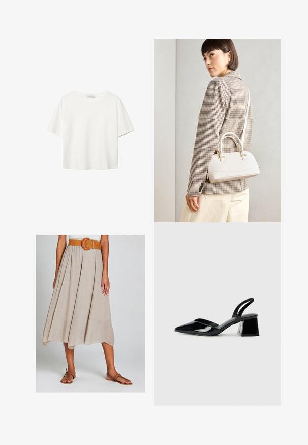 Witte korte mouwen t-shirt van katoen. Heeft een ronde halslijn en een ontspannen pasvorm. Glad textuur zonder zichtbare patronen of accenten.; Beige A-lijn midi rok gemaakt van textiel stof, met een gevlochten oranje riem met een ronde gesp en gecombineerd met bruine platte sandalen.; Zwarte gepatineerde leren slingback hakken met een spitse neus en een geometrische blokhak. Kenmerkt zich door een slank, minimalistisch ontwerp en een gladde textuur.; Witte gestructureerde handtas met korte handvatten en een schouderband, voorzien van gouden hardwareaccenten en een textuurmateriaal, tentoongesteld tegen een grijze achtergrond.