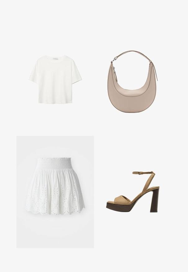 Valkoinen lyhythihainen T-paita, joka on tehty puuvillasta. Siinä on pyöreä kaula-aukko ja rento malli. Silkkinen pinta ilman näkyviä kuvioita tai koristeita.; Valkoinen puuvillahame, jossa on röyhelövyö, ja helman ympärillä on brodeerattuja kukkaleikkauksia sekä liehuva siluetti.; Beige-nahkareunaiset korkokengät, joissa on leveä etuolka ja ankle strap, varustettu paksulla puukengän korolla, jossa on tekstuuripinta.; Vaaleanbeige nahkainen olkalaukku, jossa on kuu-ukko muoto, sileä pinta ja yksi kaareva kahva. Varusteena vetoketjukiinnitys ja siisti ompelu.