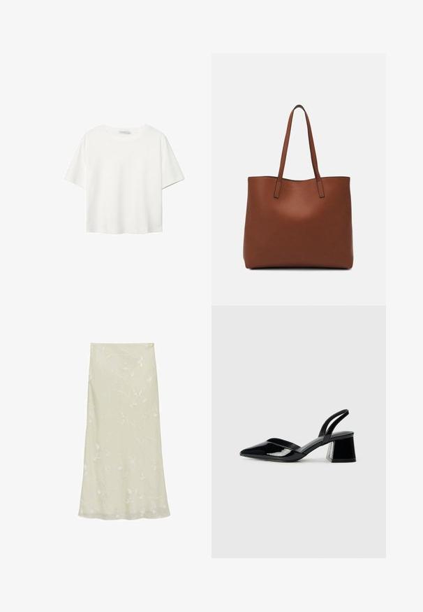 Hvid kortærmet t-shirt lavet af bomuld. Har en rund halsudskæring og en afslappet pasform. Glat tekstur uden synlige mønstre eller detaljer.; Lys grøn midi-nederdel lavet af gennemsigtigt stof, med delikat hvid broderi af blomster og en svajende A-formet silhuet.; Sorte patentlæder slingback hæle med spids tå og en geometrisk blok hæl. Har et elegant, minimalistisk design og en glat tekstur.; Brun læder tote taske med en glat overflade, åben topdesign og to skulderremme. Har minimal syning og ingen synlig hardware.