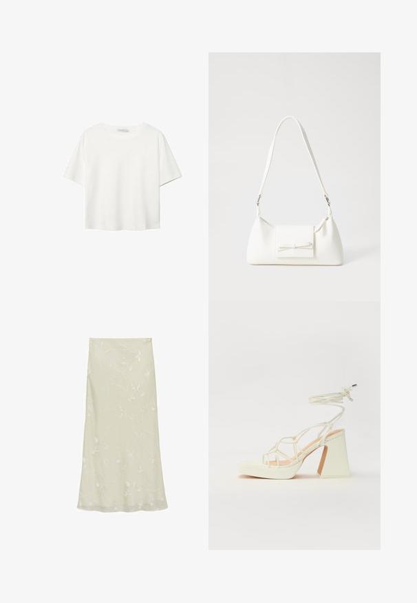 Weißes T-Shirt mit kurzen Ärmeln aus Baumwolle. Hat einen Rundhalsausschnitt und eine lockere Passform. Glatte Textur ohne sichtbare Muster oder Akzente.; Helles grünes Midirock aus durchsichtigem Stoff, mit zarter weißer Blumenstickerei und einer fließenden A-Linie.; Weiße High-Heel-Sandale mit einem klobigen Absatz, die über ein Riemchendesign und ein Knöchelband verfügt. Glatte Textur mit einer Plattform vorne für zusätzliche Höhe.; Weiße synthetische Handtasche in dreieckiger Form, flache Vorderklappe und Schleifendetail, verstellbarer Trageriemen, glatte Textur und minimalistisches Design.