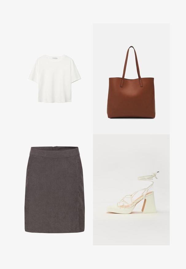 Valkoinen lyhythihainen T-paita, joka on tehty puuvillasta. Siinä on pyöreä kaula-aukko ja rento malli. Silkkinen pinta ilman näkyviä kuvioita tai koristeita.; Kaffe VERA - A-linjainen hame - major brown c; Valkoinen korkokenkä, jossa on paksu korko, ja joka sisältää nauhakiinnityksen ja nilkkaketjun. Sujuva pinta, jossa on platform-etupohja lisäkorkeutta varten.; Ruskea nahkainen olkalaukku, jossa on sileä pinta, avoin yläosa ja kaksi olkahihnaa. Omaavat vain minimaalisen ompelun eikä näkyvää metalliosaa.