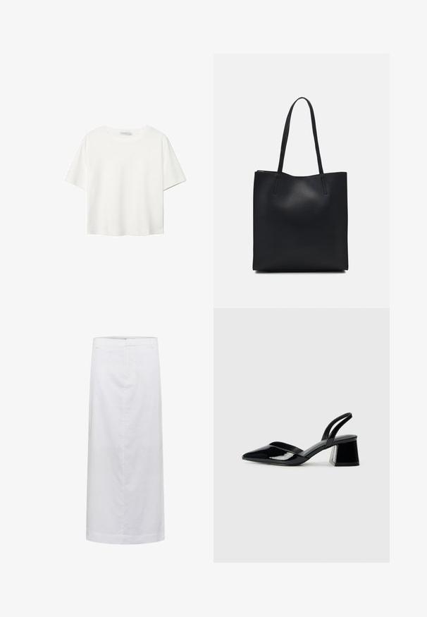 Biela krátkopsová tričko vyrobené z bavlny. Má okrúhly výstrih a voľný strih. Hladká textúra bez viditeľných vzorov alebo akcentov.; Biela ľanová midi sukňa so striedmym strihom, ktorá sa vyznačuje hladkým povrchom, minimálnymi švami a pásom pre prispôsobený strih.; Čierne lakované kožené sandálové podpätky s špicatou špičkou a geometrickým blokovým podpätkom. Disponujú elegantným, minimalistickým dizajnom a hladkým povrchom.; Čierna kožená taška na rameno s hladkým povrchom, obdĺžnikovým tvarom a dvoma dlhými uchami. Bez viditeľného kovania alebo ozdôb.
