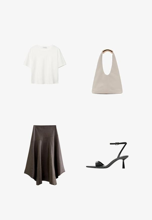 White short-sleeve t-shirt made of cotton. Features a crew neckline and a relaxed fit. Smooth texture with no visible patterns or accents.; Dark brown faux leather asymmetrical midi skirt with stitched panels and a flared hem.; Bershka High heeled sandals - black; Light gray leather bag with a U-shaped design and a curved metallic handle. Smooth texture with minimal stitching and no visible patterns.