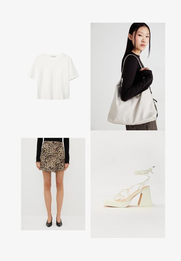 Hvid kortærmet t-shirt lavet af bomuld. Har en rund halsudskæring og en afslappet pasform. Glat tekstur uden synlige mønstre eller detaljer.; Mini nederdel i leopardmønster lavet af blødt stof, med høj talje og lige pasform. Kombineret med sorte spidse hæle.; Hvide højhælede sandaler med en kraftig hæl, der har et stropdesign og ankelbinding. Glat tekstur med en platform foran for ekstra højde.; Beige håndtaske lavet af blødt materiale med et slouchy design, stikninger og to skulderremme. Velegnet til daglig brug.