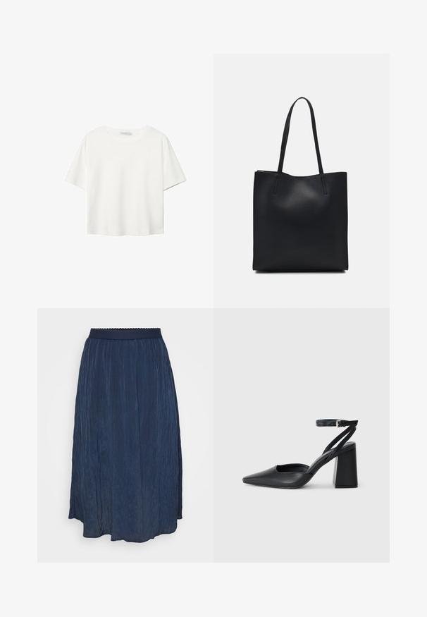 Bela kratka majica s kratkimi rokavi iz bombaža. Ima okroglo izrezovanje in sproščen kroj. Gladka tekstura brez vidnih vzorcev ali poudarkov.; Mornarsko modra plisirana krila z pasom, ki ima valovite robove. Narejena iz lahkega materiala, krilo ima tekoč dizajn in mehak otip.; Črne usnjene klasične čevlje z ostrim nosom, z zaponko za gleženj in debelim peto. Ravna tekstura, eleganten dizajn in minimalistična estetika.; Črna usnjena torba s svilnato teksturo, pravokotne oblike in dvema dolgima ročajema. Brez vidnih metalnih delov ali okrasnih elementov.