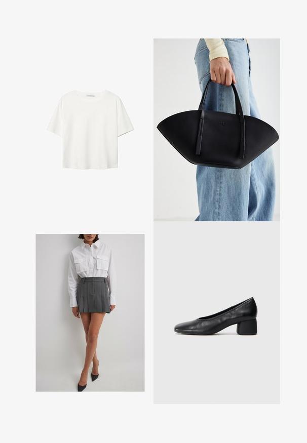 Valkoinen lyhythihainen T-paita, joka on tehty puuvillasta. Siinä on pyöreä kaula-aukko ja rento malli. Silkkinen pinta ilman näkyviä kuvioita tai koristeita.; NA-KD A-linjainen hame - grey; Mustat nahka avokkaat, joissa on pyöristetty kärki ja keskipitkä lohko korko. Sileä pinta, jossa on minimaalinen yksityiskohtaisuus, ja siinä on hillitty elastinen aukko.; Musta nahkainen käsilaukku, jossa on ainutlaatuinen tuulihattukuvio, jossa on litteät kahvat. Pinnassa on karkeapintainen rakenne ja minimalistinen muotoilu.