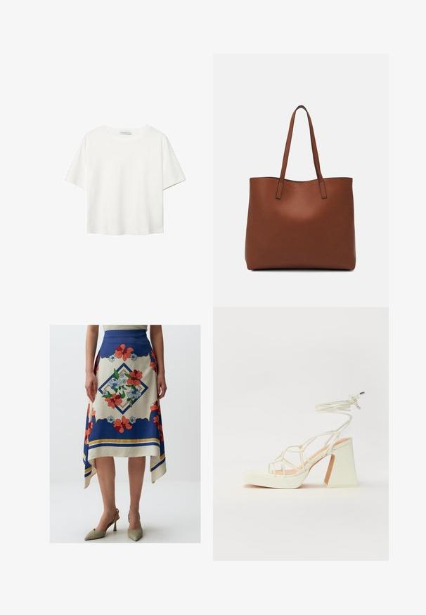 T-shirt bianco a maniche corte realizzato in cotone. Presenta un collo tondo e una vestibilità rilassata. Texture liscia senza motivi o dettagli visibili.; Jimmy Key FLORAL PATTERNED MIDI - Gonna a campana - mixed; Sandalo bianco con tacco alto, caratterizzato da un design a cinturini e un legaccio alla caviglia. Texture liscia con una piattaforma frontale per un'altezza aggiuntiva.; Borsa tote in pelle marrone con texture liscia, design con apertura superiore e due spallacci. Presenta cuciture minime e nessun hardware visibile.