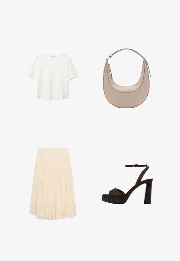 Bela kratka majica s kratkimi rokavi iz bombaža. Ima okroglo izrezovanje in sproščen kroj. Gladka tekstura brez vidnih vzorcev ali poudarkov.; Krema čipkast midi krilo s cvetnim vzorcem, nabranim dizajnom in gladko teksturo. Pas je raven, dolžina pa sega pod koleno.; Rjave semiš sandale z visoko peto, odprto spredaj, z nastavljivim gležnjenjem in črtastim podplatom.; Bež usnjena torba za rame v obliki kružnice, z gladko teksturo in eno ukrivljeno zanko. Ima zadrgo in urejen šiv.