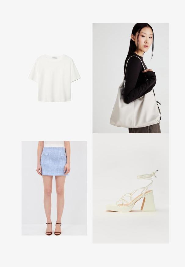 Weißes T-Shirt mit kurzen Ärmeln aus Baumwolle. Hat einen Rundhalsausschnitt und eine lockere Passform. Glatte Textur ohne sichtbare Muster oder Akzente.; Hellblau gefütterter Minirock aus Tweed mit einer strukturierten Musterung, zwei vorderen Taschen mit metallischen Knöpfen und einem taillierten Design.; Weiße High-Heel-Sandale mit einem klobigen Absatz, die über ein Riemchendesign und ein Knöchelband verfügt. Glatte Textur mit einer Plattform vorne für zusätzliche Höhe.; Beige Handtasche aus weichem Material, mit einem lässigen Design, gesteppten Details und zwei Schulterriemen. Geeignet für den täglichen Gebrauch.