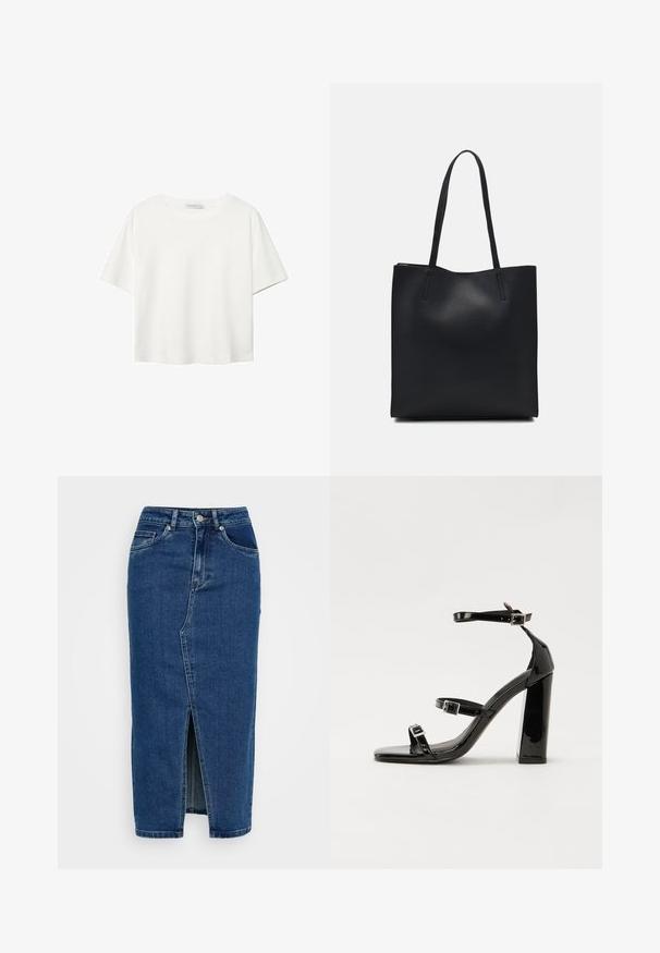 Vit t-shirt med kort ärm i bomull. Har en rundad halsringning och en avslappnad passform. Slät textur utan synliga mönster eller detaljer.; Jeanskjol i mörkblått med en främre slit, med en klassisk hög midja, fem fickor och detaljer i silverfärgad metall.; Svarta lackerade klacksandaler med fyrkantig tå, ankelremmar och silverfärgade spännen. Har en kraftig blockklack för stabilitet.; Svart lädertoffelväska med slät textur, rektangulär form och två långa handtag. Ingen synlig hårdvara eller dekorationer.