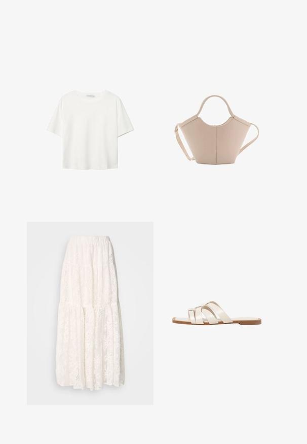 T-shirt bianco a maniche corte realizzato in cotone. Presenta un collo tondo e una vestibilità rilassata. Texture liscia senza motivi o dettagli visibili.; Gonna maxi bianca in pizzo con un design a strati, vita elasticizzata e intricate fantasie floreali su tutta la superficie. Tessuto leggero e texturizzato.; Infradito con suola in gomma color talpa, progettate con tre cinturini in pelle bianca sovrapposti e un piccolo dettaglio a fiocco al centro.; Borsa in pelle beige con una forma unica, caratterizzata da due manici corti e una lunga tracolla regolabile. Texture liscia con hardware minimale.