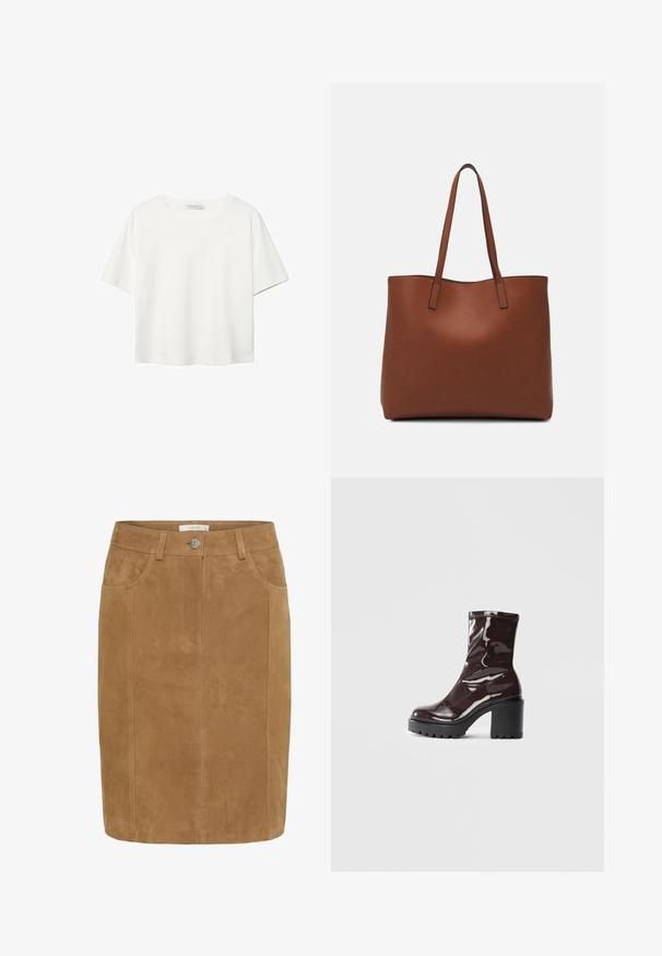 Weißes T-Shirt mit kurzen Ärmeln aus Baumwolle. Hat einen Rundhalsausschnitt und eine lockere Passform. Glatte Textur ohne sichtbare Muster oder Akzente.; Brauer Wildleder-Bleistiftrock mit glatter Textur, seitlichen Taschen, Knopfverschluss und vertikalen Nahtdetails.; Glatte bordeauxrote Ankle Boots mit einem klobigen schwarzen Absatz, die eine glatte Oberfläche und ein einfaches Design aufweisen. Keine sichtbaren Verschlüsse oder Muster.; Braune Leder-Tote mit glatter Textur, offenem Oberteil und zwei Schulterriemen. Verfügt über minimale Nähte und keine sichtbaren Beschläge.