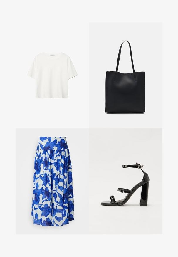 Bílý krátký rukáv tričko vyrobené z bavlny. Má kulatý výstřih a volný střih. Hladký materiál bez viditelných vzorů nebo akcentů.; Rozšířená sukně z lehkého materiálu s modrým květinovým vzorem na bílém pozadí, s vysokým pasem a nařaseným detailem.; Černé lakované sandály na podpatku se čtveratou špičkou, lýtkovými pásky a stříbrnými přezkami. Disponují masivním blokovým podpatkem pro stabilitu.; Černá kožená taška přes rameno s hladkým povrchem, obdélníkovým tvarem a dvěma dlouhými uchy. Žádné viditelné kování ani ozdoby.