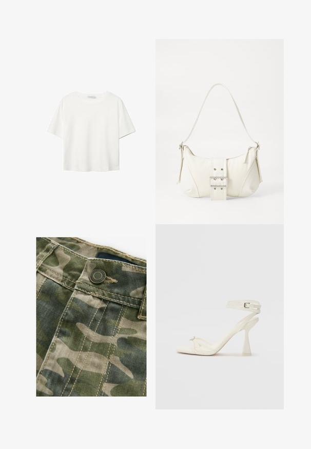 T-shirt blanc à manches courtes en coton. Doté d'un col ras du cou et d'une coupe décontractée. Texture lisse sans motifs ni accents visibles.; Tissu à motif camouflage dans des nuances de vert et de beige avec des coutures visibles. Doté d'un bouton en métal à la taille, texture denim.; Sandale à talons hauts à brides en cuir blanc avec un design épuré, un talon bloc transparent et un élément décoratif au niveau des orteils.; Sac à épaule blanc avec une finition texturée, une accentuation par une boucle centrale et une forme courbée. Fermetures éclair des deux côtés.