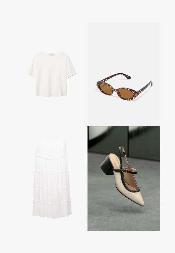 T-shirt blanc à manches courtes en coton. Doté d'un col ras du cou et d'une coupe décontractée. Texture lisse sans motifs ni accents visibles.; Jupe blanche à volants en tissu léger, dotée d'une taille élastique, de couches froncées et d'un design fluide qui descend jusqu'au milieu du mollet.; Escarpin beige à bout pointu et bride arrière, avec des finitions noires, une boucle dorée et un talon bloc épais, posé sur un sol gris avec un fond vert foncé.; Lunettes de soleil en écaille de tortue avec des verres ovales, teintés de marron, branches fines avec un motif texturé, monture en plastique légère.; Sac à main structuré blanc avec de courtes poignées et une bandoulière, doté de accents en métal doré et d'un matériau texturé, présenté sur un fond gris.