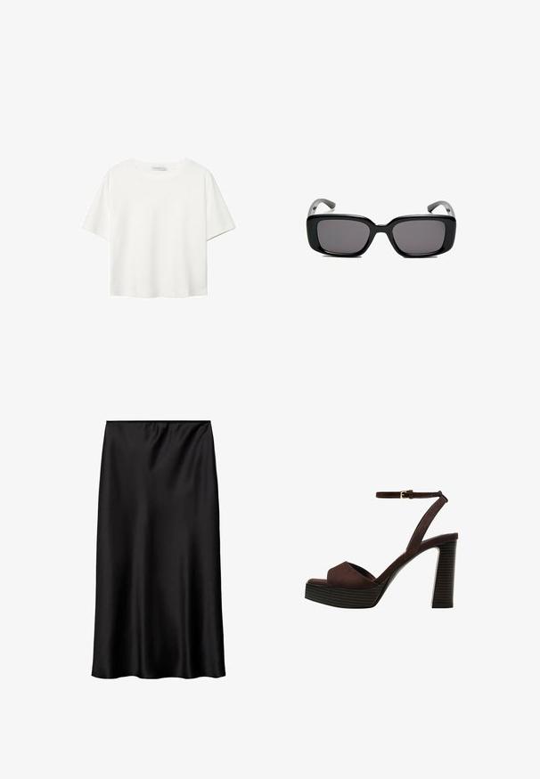 T-shirt blanc à manches courtes en coton. Doté d'un col ras du cou et d'une coupe décontractée. Texture lisse sans motifs ni accents visibles.; Jupe en satin noir avec une texture lisse et brillante, présentant une coupe simple et droite ainsi qu'une taille élastique pour un ajustement sécurisé.; Sandale à talons hauts en suede marron avec un bout ouvert, une bride de cheville réglable et une semelle de plateforme rayée.; Lunettes de soleil noires rectangulaires avec des verres foncés, monture en plastique lisse et branches courbées. Le design est épais avec une esthétique minimaliste.