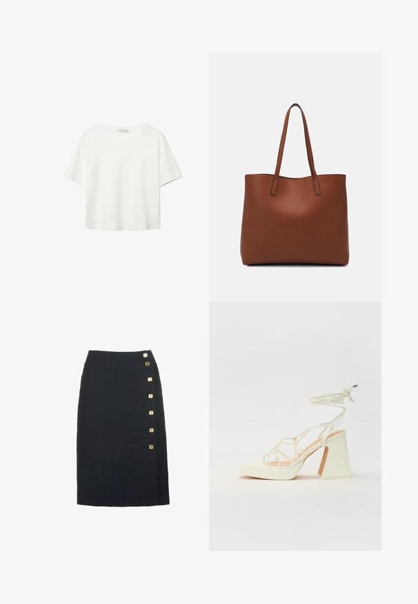 Valkoinen lyhythihainen T-paita, joka on tehty puuvillasta. Siinä on pyöreä kaula-aukko ja rento malli. Silkkinen pinta ilman näkyviä kuvioita tai koristeita.; Musta tekstuuriga pliiatsiseelik kõrge vöökohaga ja kuue kuldse ruudukujulise nupuga, mis on üksteise all asetatud ühel küljel.; Valkoinen korkokenkä, jossa on paksu korko, ja joka sisältää nauhakiinnityksen ja nilkkaketjun. Sujuva pinta, jossa on platform-etupohja lisäkorkeutta varten.; Ruskea nahkainen olkalaukku, jossa on sileä pinta, avoin yläosa ja kaksi olkahihnaa. Omaavat vain minimaalisen ompelun eikä näkyvää metalliosaa.