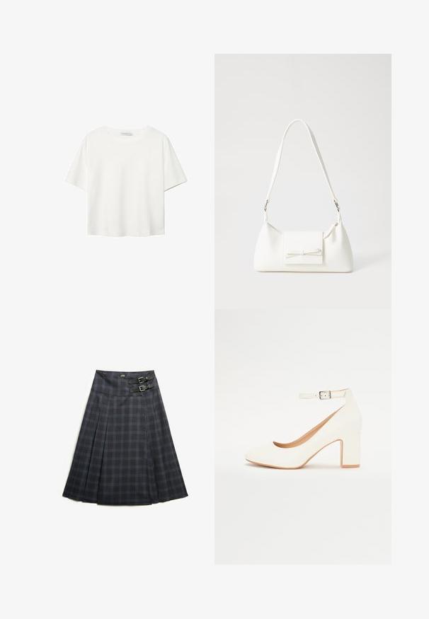 White short-sleeve t-shirt made of cotton. Features a crew neckline and a relaxed fit. Smooth texture with no visible patterns or accents.; Pleated knee-length skirt in dark gray with blue check pattern, featuring two black buckles on the waist for adjustment and flat waistband.; White high-heeled shoe with a pointed toe, block heel, and ankle strap. Smooth finish with a subtle shine and beige inner lining.; White synthetic handbag with a triangular shape, flat front flap and bow detail, adjustable strap, smooth texture, and minimalistic design.