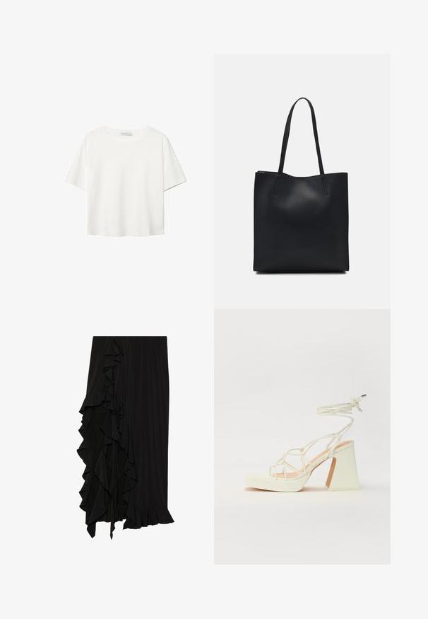 Weißes T-Shirt mit kurzen Ärmeln aus Baumwolle. Hat einen Rundhalsausschnitt und eine lockere Passform. Glatte Textur ohne sichtbare Muster oder Akzente.; Schwarzer Rock aus weichem Stoff mit einer Rüsche entlang der linken Seite und einem ausgestellten Saum am unteren Ende, der eine fließende Silhouette erzeugt.; Weiße High-Heel-Sandale mit einem klobigen Absatz, die über ein Riemchendesign und ein Knöchelband verfügt. Glatte Textur mit einer Plattform vorne für zusätzliche Höhe.; Schwarze Laptoptasche aus Leder mit glatter Textur, rechteckiger Form und zwei langen Griffen. Keine sichtbaren Beschläge oder Verzierungen.
