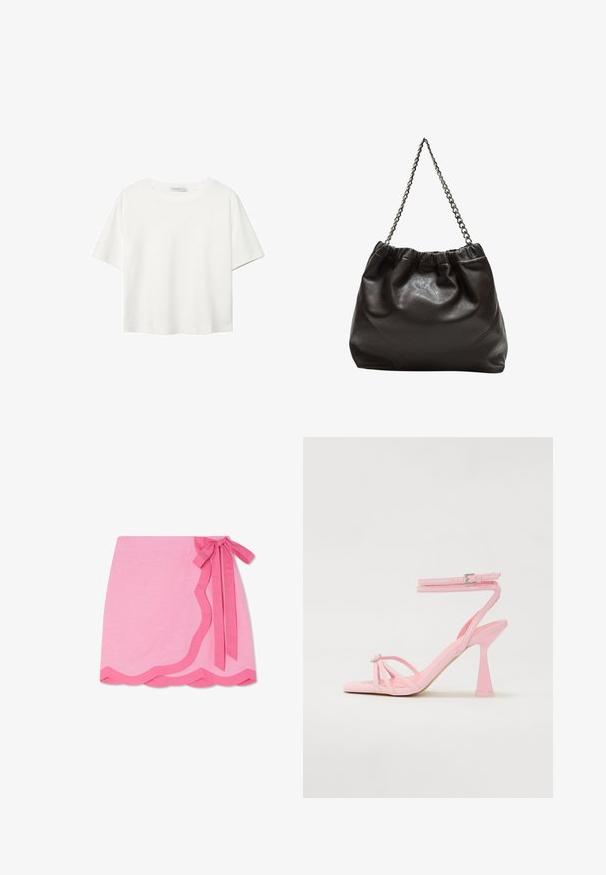Bela kratka majica s kratkimi rokavi iz bombaža. Ima okroglo izrezovanje in sproščen kroj. Gladka tekstura brez vidnih vzorcev ali poudarkov.; Roza lanena obleka z valovitim robom, ki ima kontrastno temnejšo roza kravato v pasu in gladko teksturo.; Roza natikače na peto z naramnicami in sponko okoli gležnja. Vsebuje dekorativni element na prstu in sodoben, zožen oblikovan peto.; Rjava usnjena torba z nabranim vrhom in verižnim trakom. Gladka tekstura z sijajno površino in subtilnimi šivi na straneh.