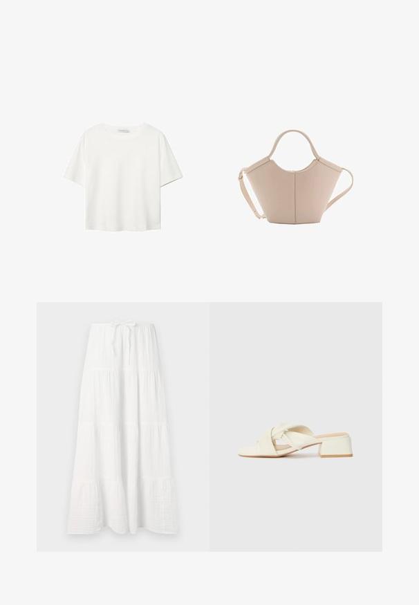 Weißes T-Shirt mit kurzen Ärmeln aus Baumwolle. Hat einen Rundhalsausschnitt und eine lockere Passform. Glatte Textur ohne sichtbare Muster oder Akzente.; Langer weißer Rock aus strukturiertem Stoff, der horizontale Stufen und einen verstellbaren Taillengurt für den optimalen Sitz aufweist. Glattes, fließendes Design.; Ecrufarbene Blockabsatzsandalen mit gedrehten Riemen und flachem Fußbett. Glattes synthetisches Material mit matter Oberfläche.; Beige Lederhandtasche mit einer einzigartigen Form, die zwei kurze Henkel und einen langen verstellbaren Riemen aufweist. Glatte Textur mit minimalen Hardware-Elementen.