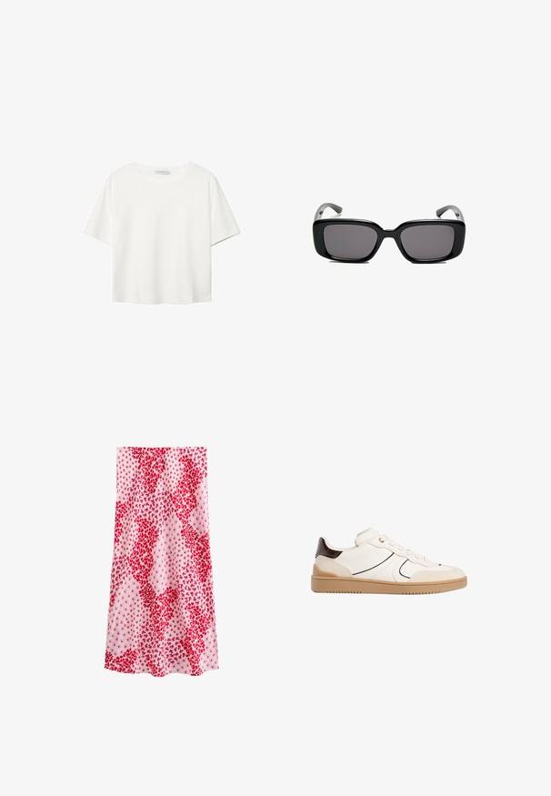 White short-sleeve t-shirt made of cotton. Features a crew neckline and a relaxed fit. Smooth texture with no visible patterns or accents.; Floral-patterned skirt featuring bright red flowers on a white background. Made of lightweight fabric with a flowy design.; Stradivarius Trainers - white; Black rectangular sunglasses with dark lenses, smooth plastic frame, and curved temples. The design is chunky with a minimalist aesthetic.