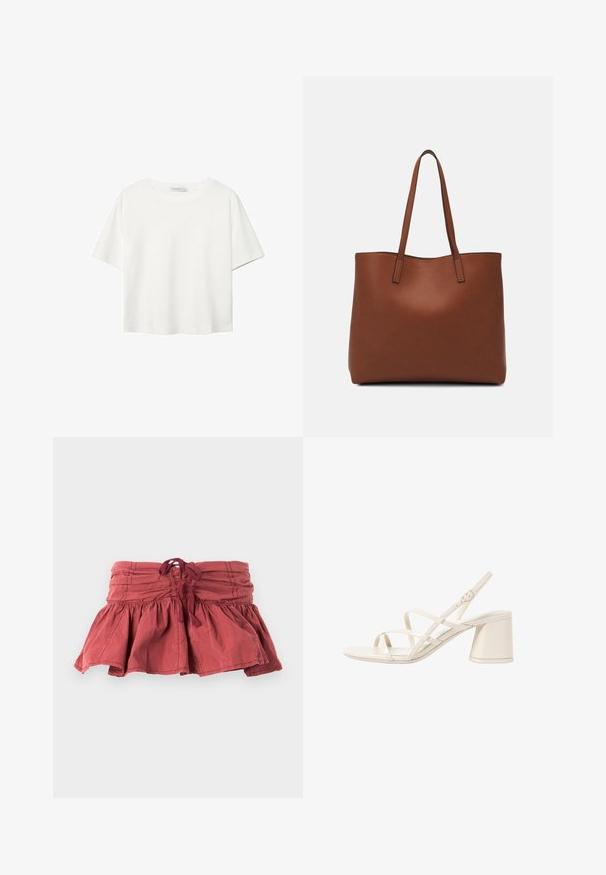 Bela kratka majica s kratkimi rokavi iz bombaža. Ima okroglo izrezovanje in sproščen kroj. Gladka tekstura brez vidnih vzorcev ali poudarkov.; Rdeča mini krila z zavezo v pasu, s krožnim oblikovanjem in teksturirano tkanino. Gladek zaključek z rahlimi gubanji.; Bež sandali na peto s tankimi, križnimi trakovi, odprtimi prsti in kvadratno blok peto. Gladek patentiran zaključek, nastavljiv trak okoli gležnja.; Rjava usnjena torba z gladko teksturo, odprto zasnovo zgoraj in dvema naramnima trakovoma. Opremljena je z minimalnim šivanjem in brez vidnih kovinskih delov.