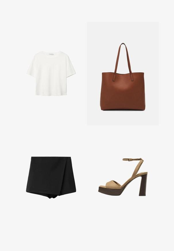 Hvid kortærmet t-shirt lavet af bomuld. Har en rund halsudskæring og en afslappet pasform. Glat tekstur uden synlige mønstre eller detaljer.; Sorte wrap-style shorts lavet af glat stof, med høj talje og en afslappet pasform. Ingen mønstre eller accenter synlige.; Beige ruskinds højhælede sandaler med en bred foranrem og ankelrem, der har en kraftig træblokhæls struktur.; Brun læder tote taske med en glat overflade, åben topdesign og to skulderremme. Har minimal syning og ingen synlig hardware.