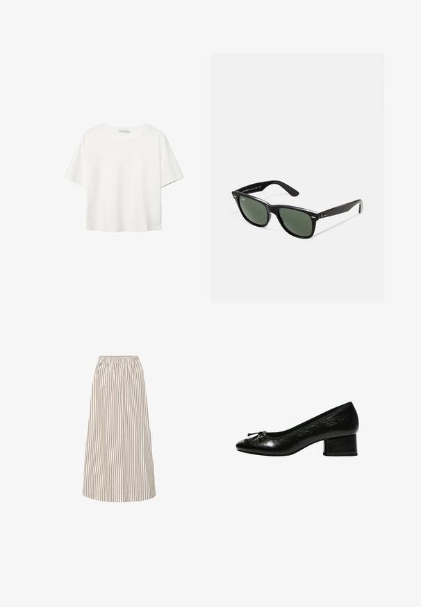 T-shirt blanc à manches courtes en coton. Doté d'un col ras du cou et d'une coupe décontractée. Texture lisse sans motifs ni accents visibles.; Jupe midi légère en A de couleur crème avec de fines rayures verticales brunes. Elle dispose d'une taille élastique et d'un tissu doux et fluide.; Escarpin en cuir verni noir avec un bout arrondi, un petit talon carré et un accent nœud à l'avant. Texture lisse avec une finition brillante.; Lunettes de soleil en plastique noir avec verres verts, monture carrée, accent argenté sur le sourcil et branches texturées. Marque indiquée sur l'intérieur de la branche.; DRAGON DIFFUSION MINI FLAT GORA - Sac à main - dark brown